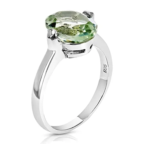 1.70 cttw Green Amethyst Ring in .925 Sterling Silver with Rhodium, Oval 10x8 MM, Multiple Sizes