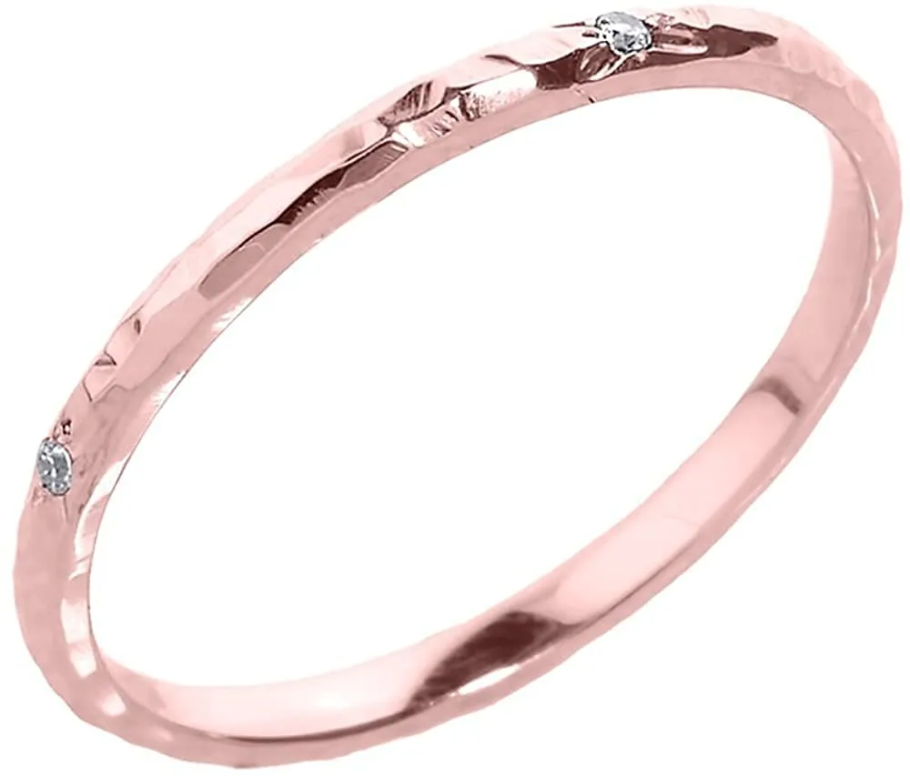 10K Rose Gold Diamond Accented Hammered Stackable Ring with Starburst Flush Set Gems, Size J-K