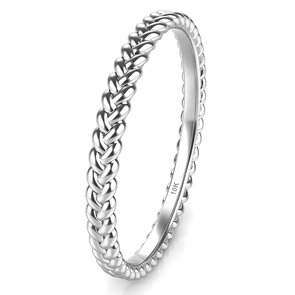 10K White Gold 2MM Eternity Braided Rope Stackable Wedding Band Ring by Kobelle