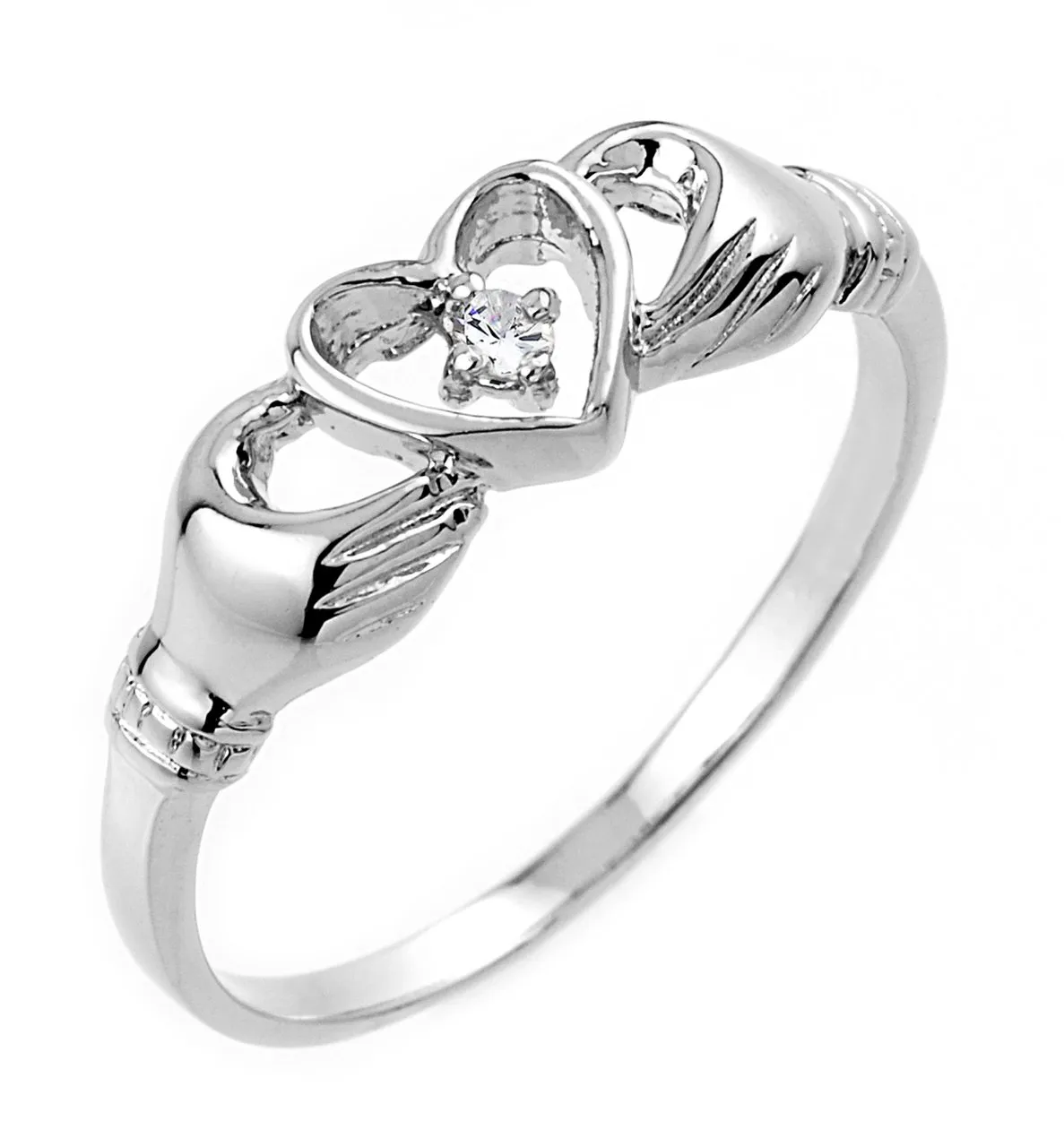 10k White Gold Diamond Accent Solitaire Open Heart Claddagh Ring - J-K Color, I1-I2 Clarity