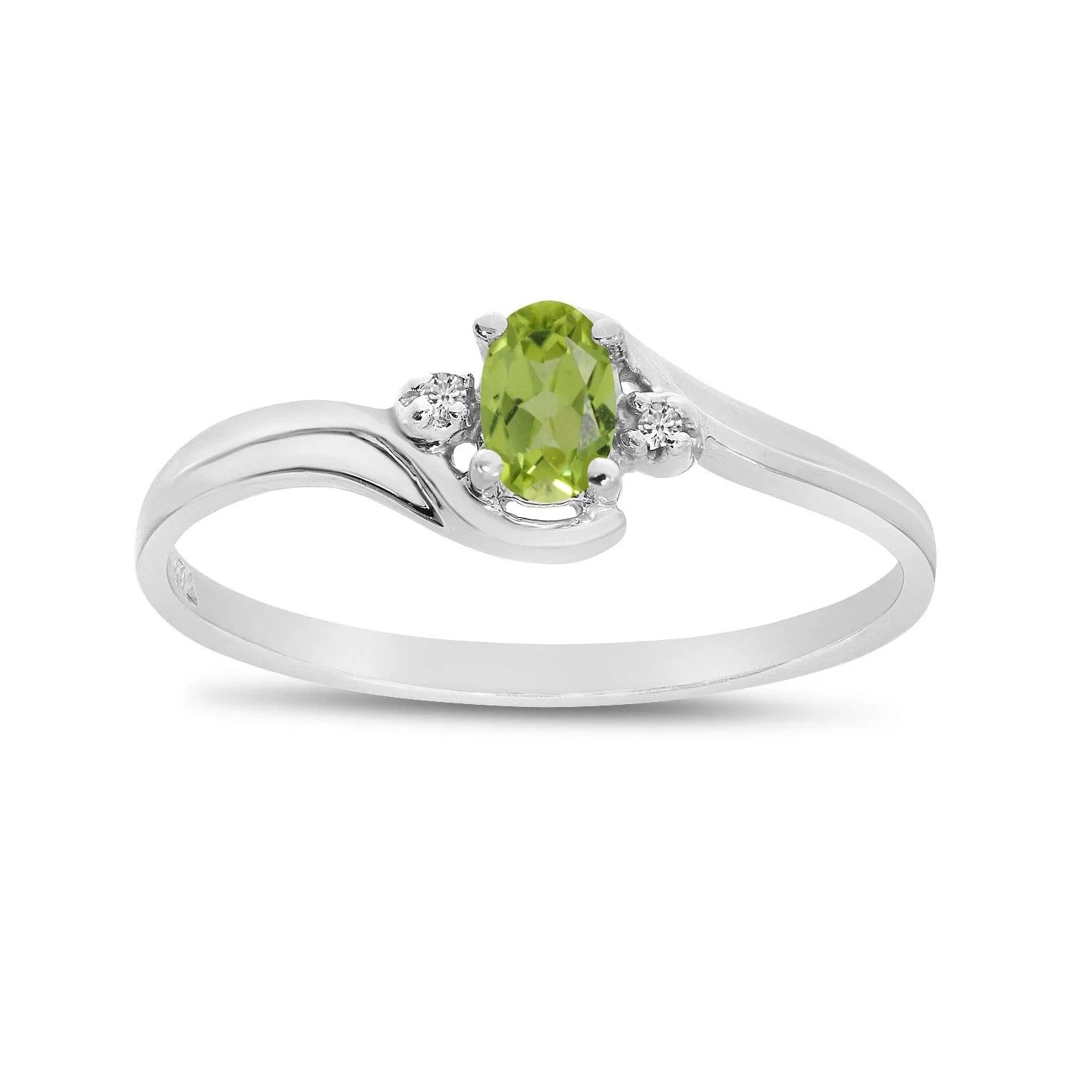 10k White Gold Oval Peridot & Diamond Ring, Genuine 5x3 mm Peridot, Gift Box Included