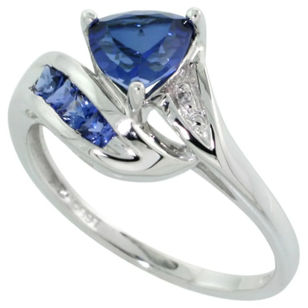 10k White Gold Tanzanite Trillion Ring with Diamond Accent - Lab Created Light & Dark Colors, Size 5-9