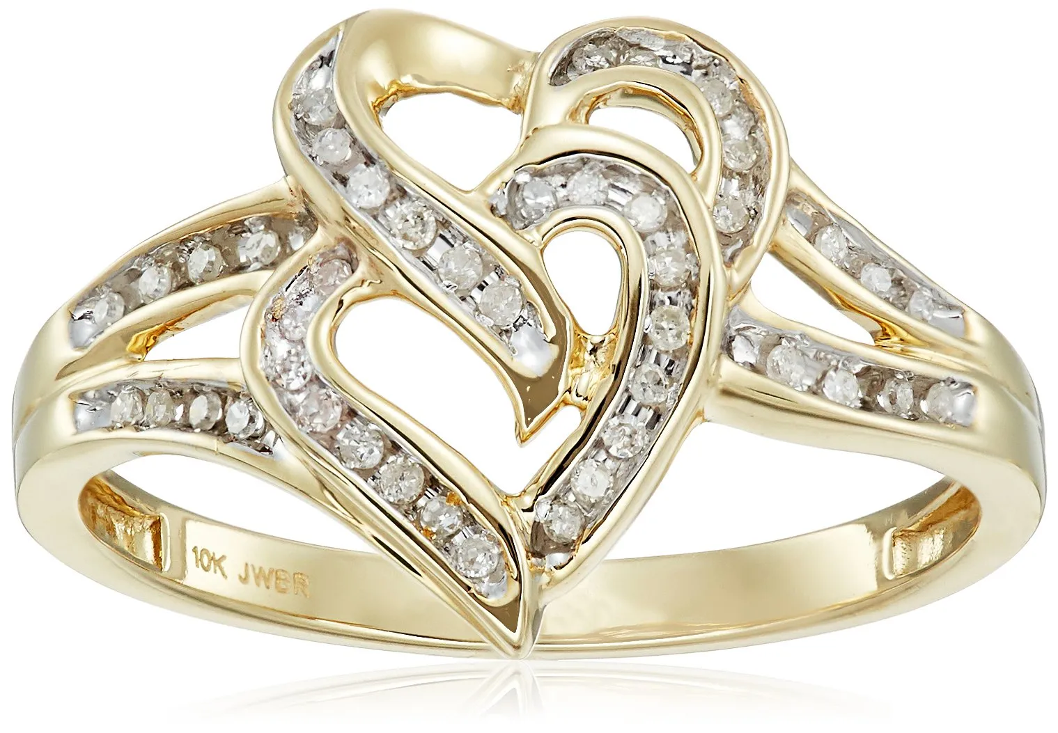 10K Yellow Gold Diamond Two Hearts Ring with 0.10 Carats of Sparkling Diamonds, Size 6