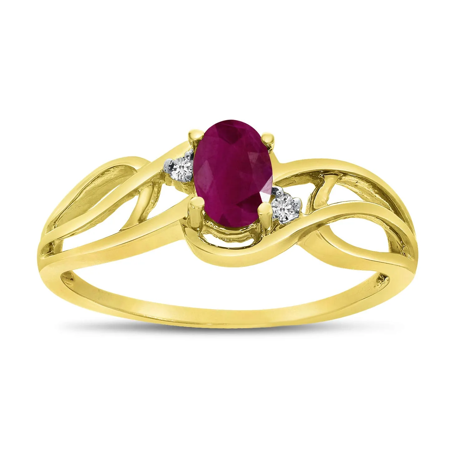 10k Yellow Gold Oval Ruby and Diamond Curve Ring with Gift Box – Genuine 6x4 mm Ruby