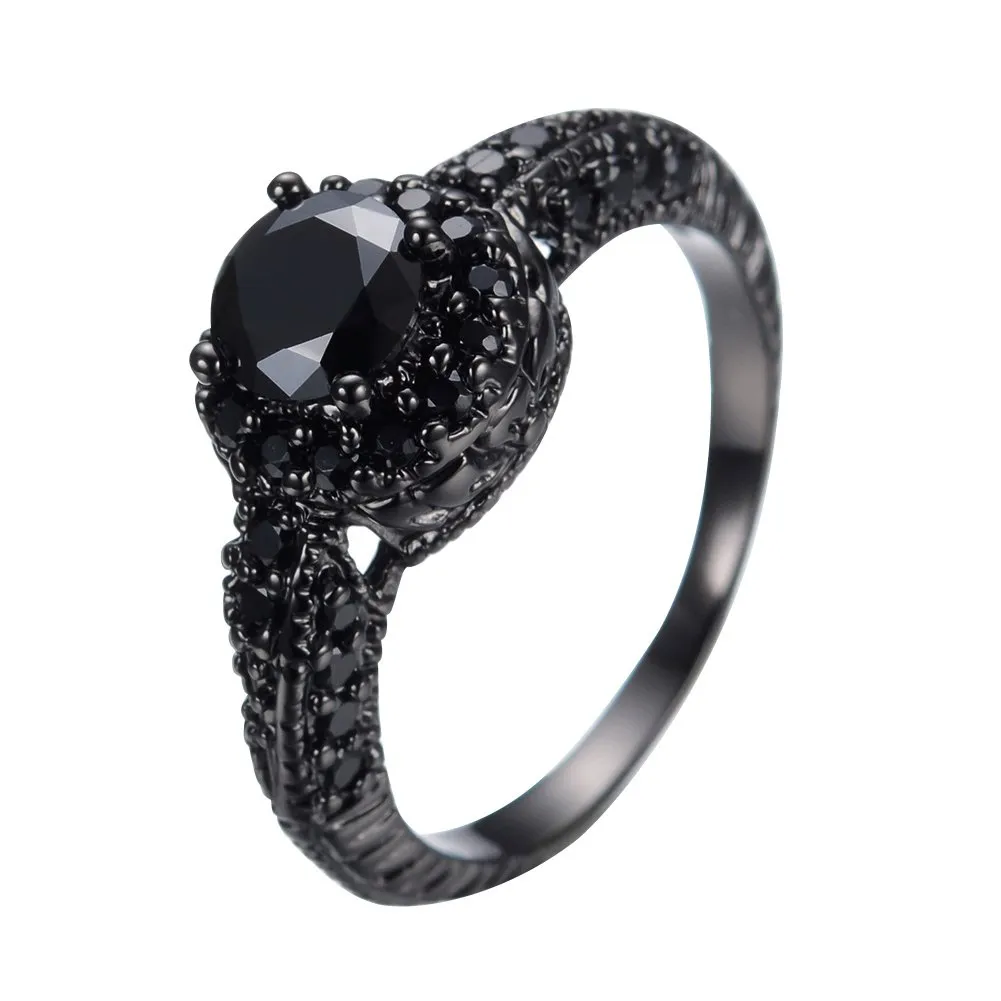 10KT Black Gold Ring with 8MM Round Cut Diamond Halo and Onyx - Sizes 6/7/8/9/10 - JunXin