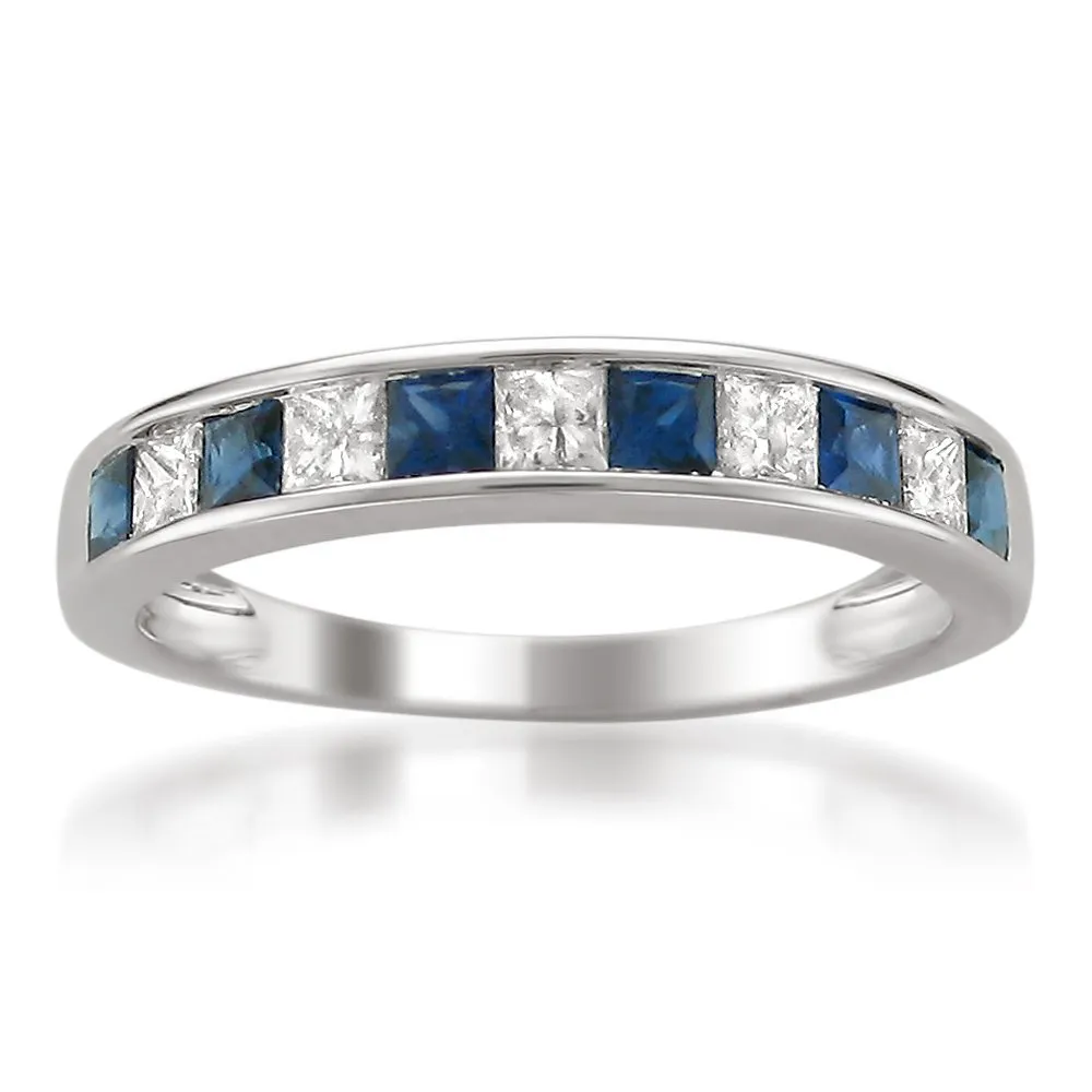 1/2 Carat Diamond Wedding Band in 14K White Gold with Blue Sapphire and Princess Cut Diamonds