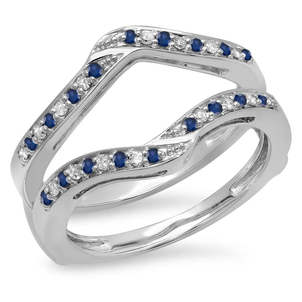 14K Gold Blue Sapphire & White Diamond Ladies Wedding Band Enhancer Guard Double Ring