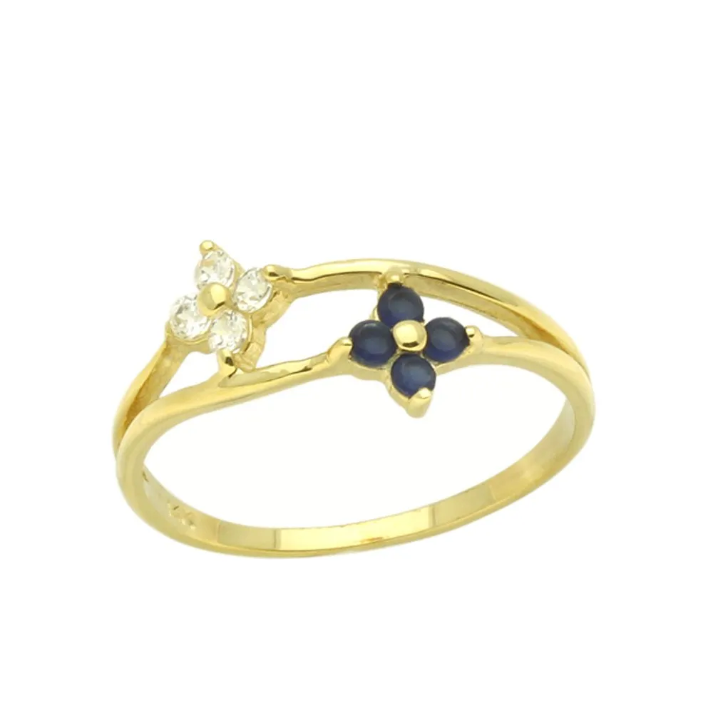 14K Gold Cluster Ring with Blue and White Cubic Zirconia in Yellow Gold, Sizes 2 to 5