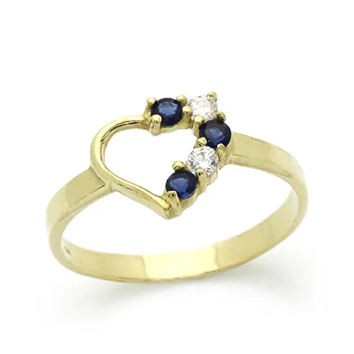 14K Gold Heart Ring with Blue & White CZ in Yellow Gold, Sizes 2 to 5 - DoubleAccent Quality