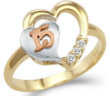 14k Tri-Color Gold Quinceanera Heart Ring - Elegant Birthday Gift for Women & Men, Size 15