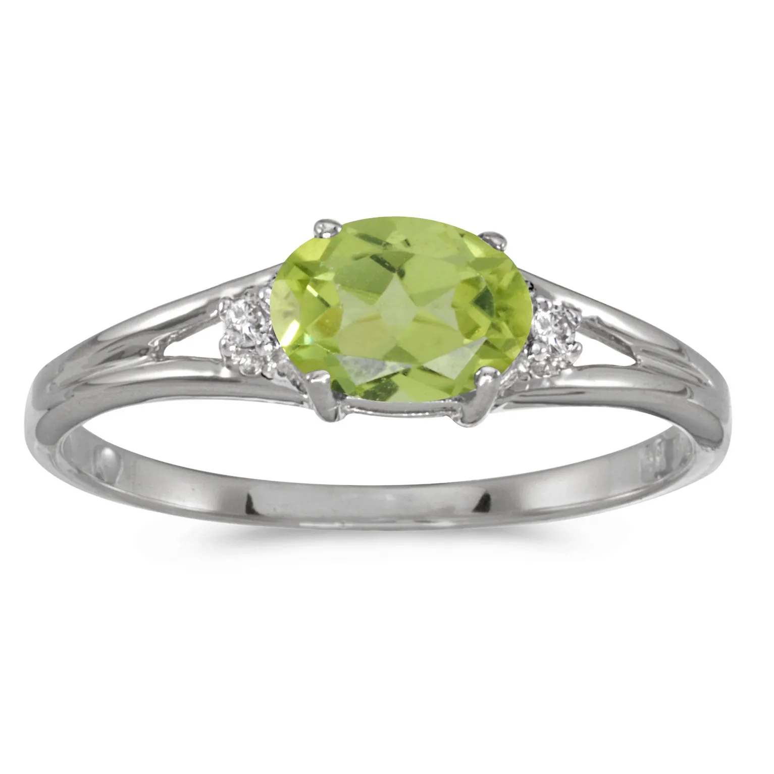 14k White Gold Oval Peridot & Diamond Ring - Genuine 6x4 mm Peridot, 0.40 ct, Gift Box Included