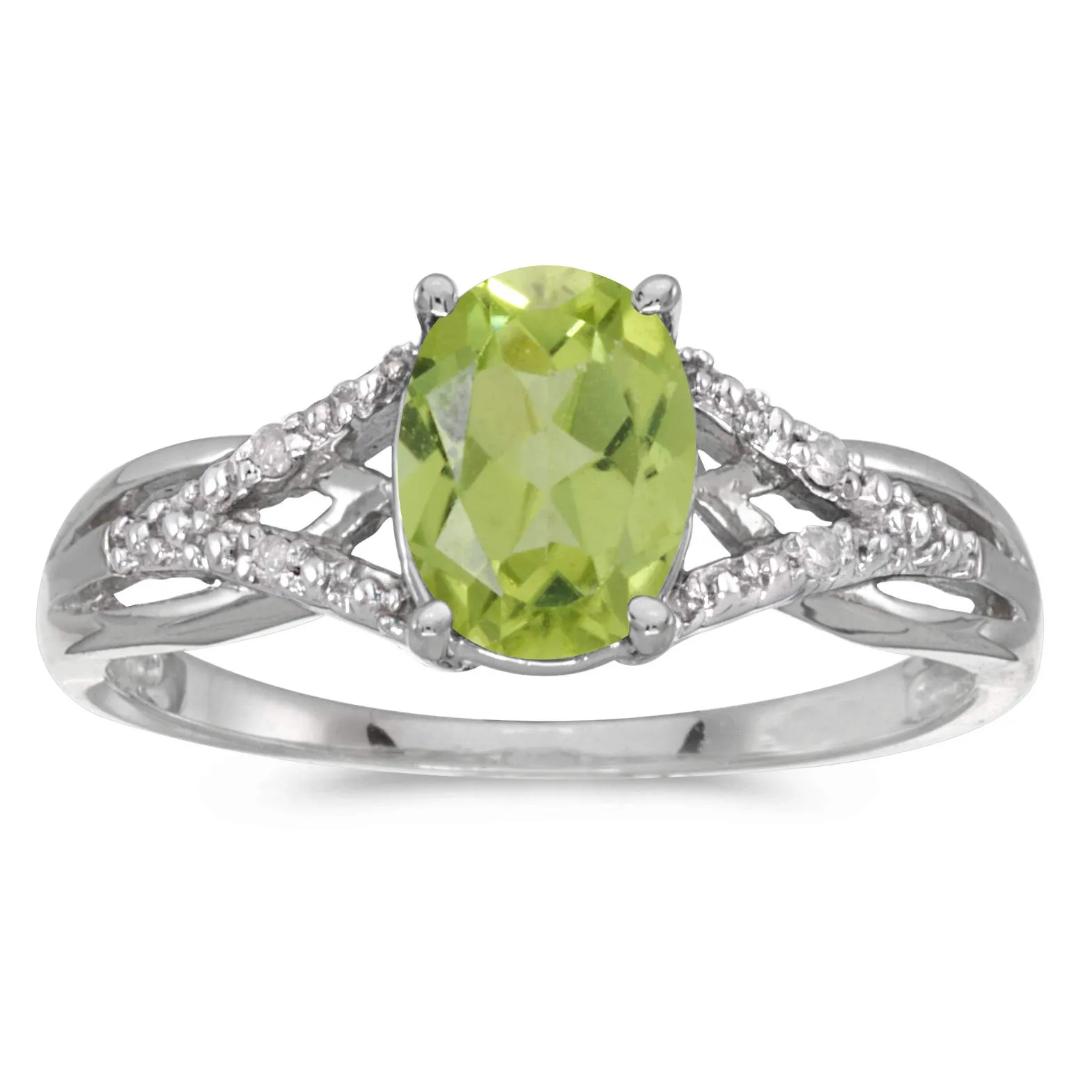 14k White Gold Oval Peridot and Diamond Ring - Genuine Peridot 8x6mm, 1.22 ct Total Weight