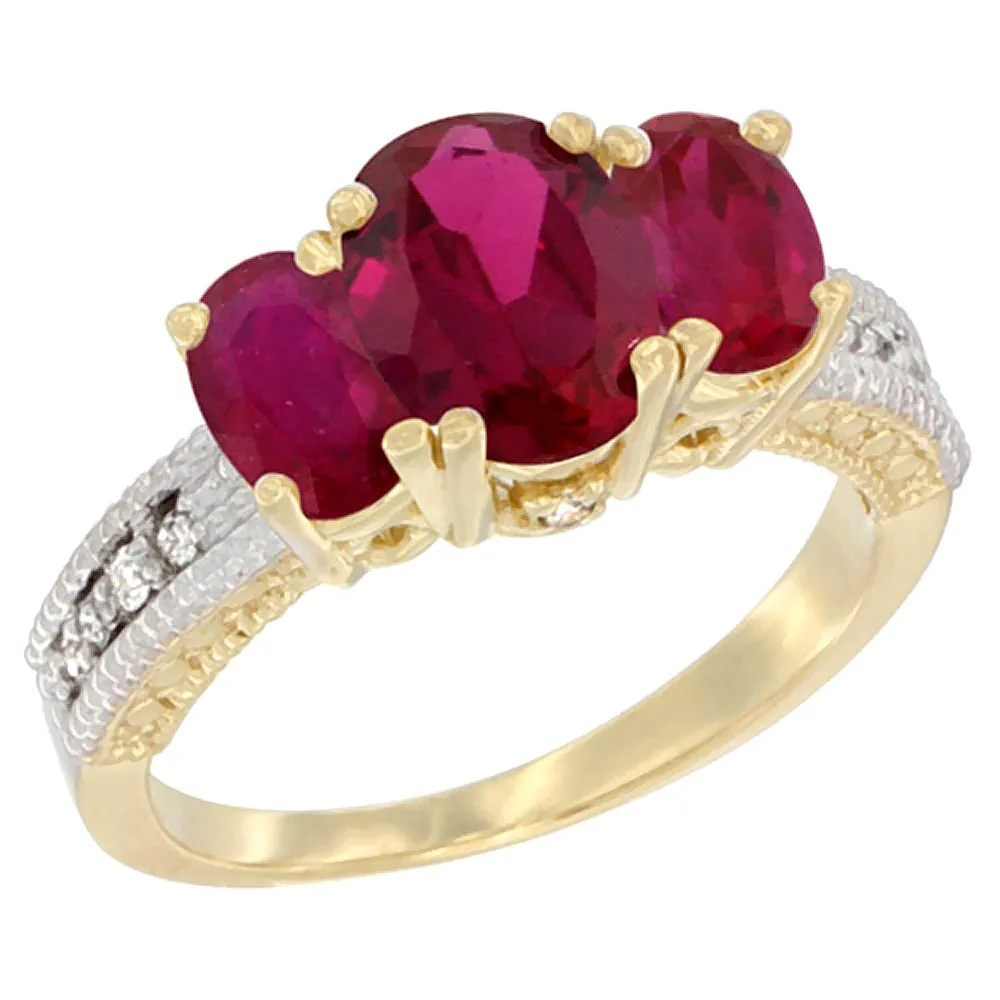 14K Yellow Gold Diamond Ruby 3-Stone Mother's Ring, Genuine 7x5mm & 6x4mm, Sizes 5-10