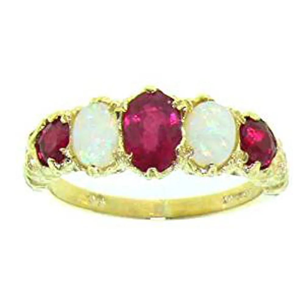 14k Yellow Gold Genuine Ruby & Opal Women's Band Ring with Natural Gemstones