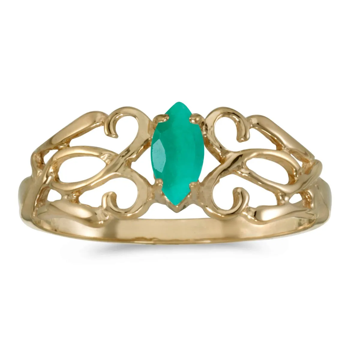 14k Yellow Gold Marquise Emerald Filagree Ring with Natural Emerald