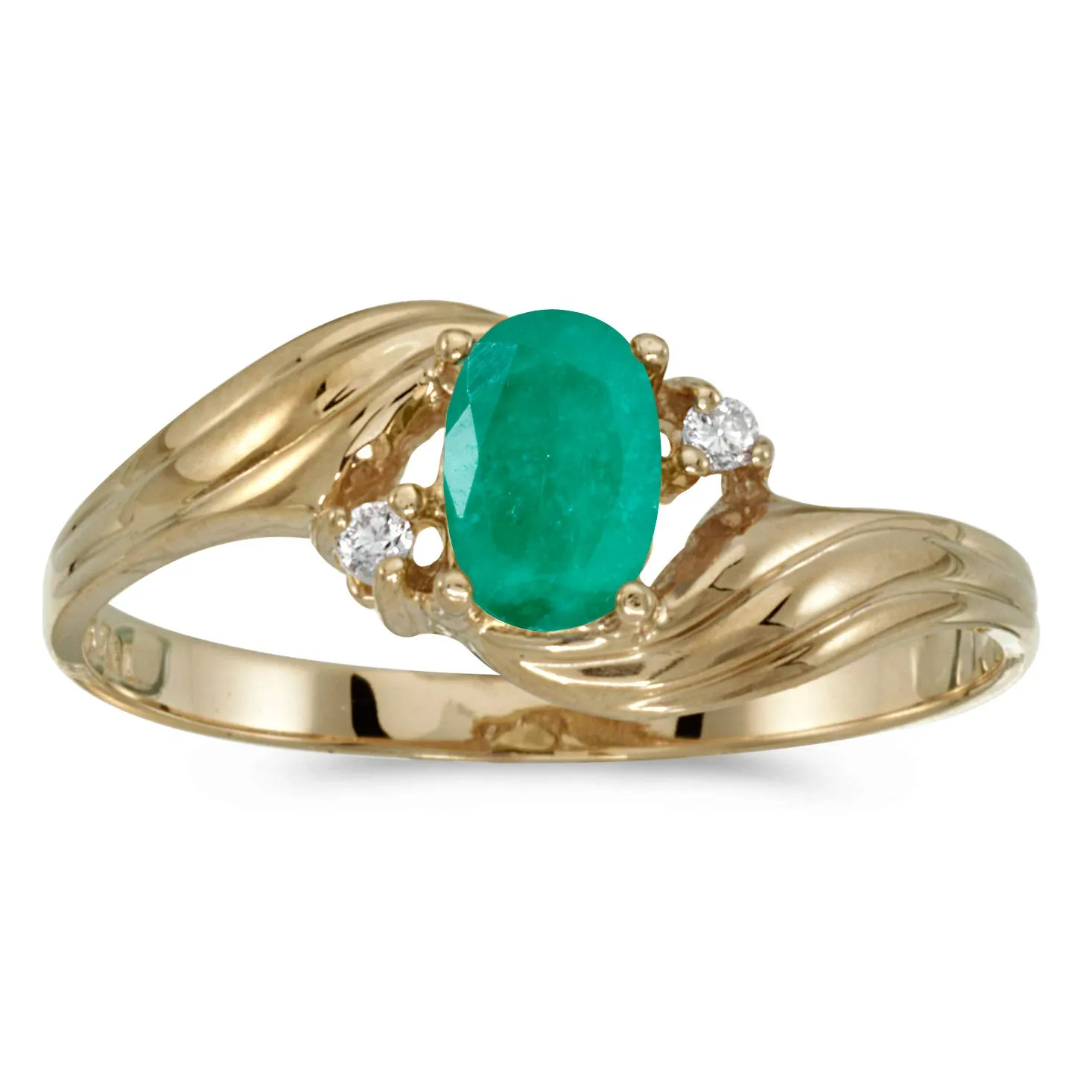 14k Yellow Gold Oval Emerald & Diamond Ring - 6x4 mm Genuine Emerald with 0.31 ct Total Weight