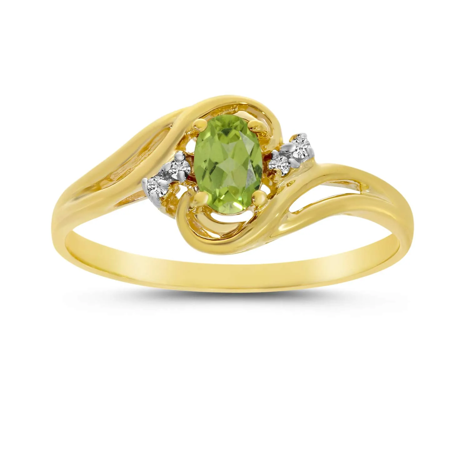 14k Yellow Gold Oval Peridot and Diamond Ring - 6x4 mm Genuine Peridot, Gift Box Included