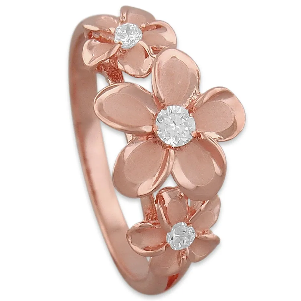 14kt Rose Gold Plated Sterling Silver Hawaiian Three Plumeria Ring with Cubic Zirconia Accents