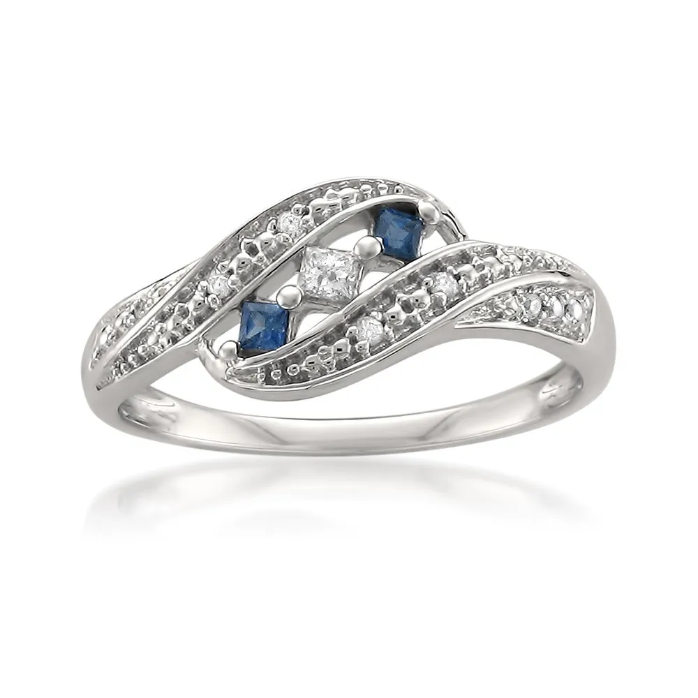 1/5 Carat Diamond White Gold Band Ring with Princess Cut & Blue Sapphires - Elegant Fashion Jewelry