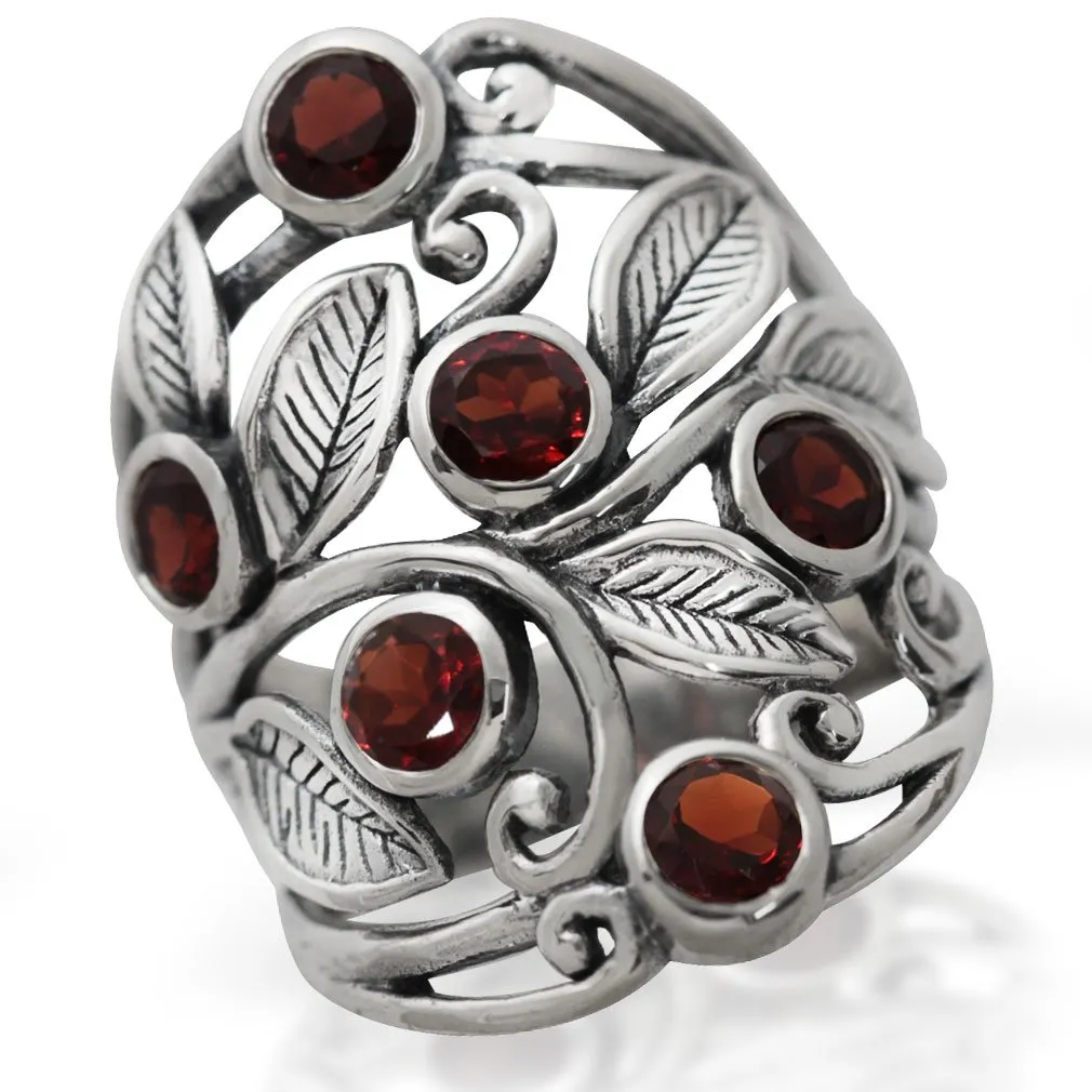 2.16ct Natural Garnet Filigree Leaf Ring in 925 Sterling Silver Size 9 – January Birthstone Jewelry