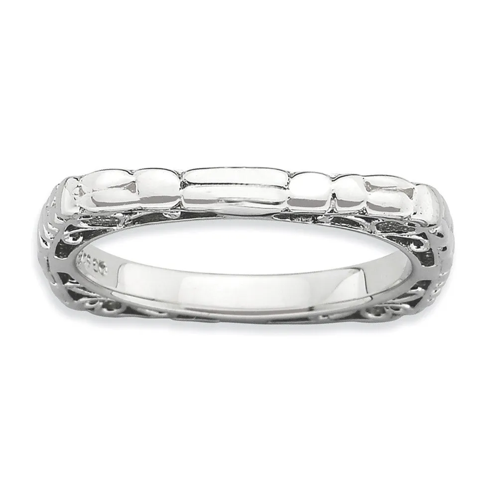 2.25mm Stackable Sterling Silver Square Cobblestone Band - Rhodium-Plated, Contemporary Style