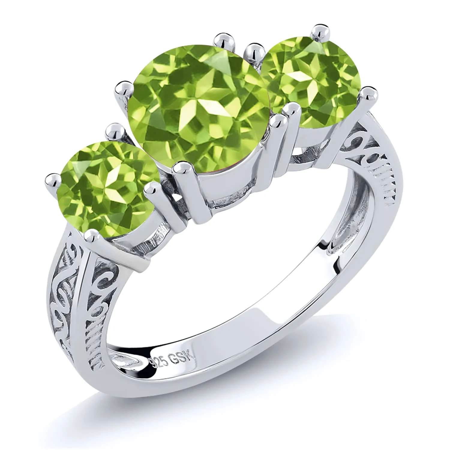 2.35 Cttw Round Green Peridot 3-Stone Ring in 925 Sterling Silver - Size 5-9, Perfect for Anniversaries