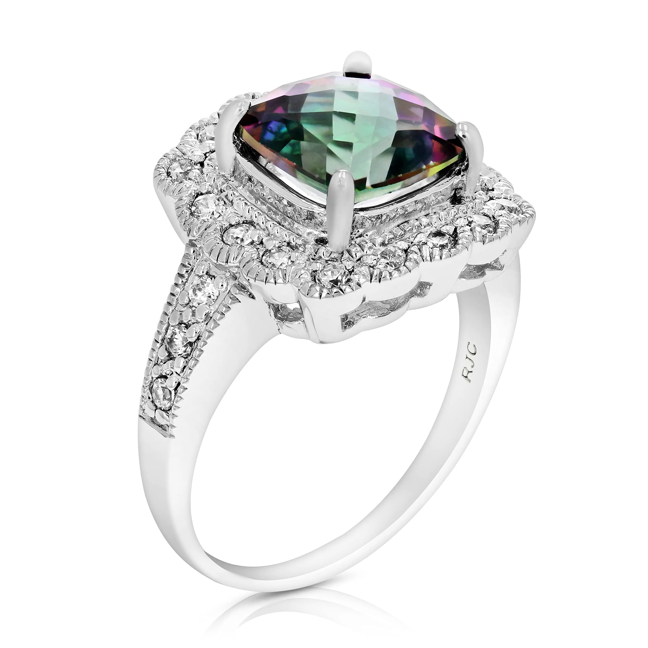 2 cttw Mystic Topaz Ring in .925 Sterling Silver with Rhodium, 7 MM Cushion Cut, Gift Box