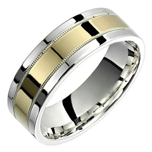 2 Tone Sterling Silver & 10k Yellow Gold 7mm Wide Wedding Band Ring - Comfort Fit, Custom Sizes Available