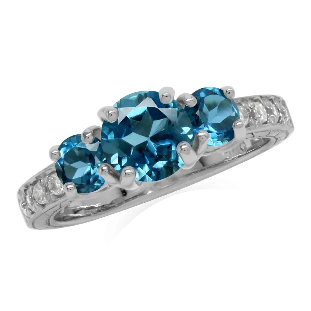 3-Stone Round Shape London Blue Topaz & White Topaz Ring in White or Yellow Gold Plated 925 Silver