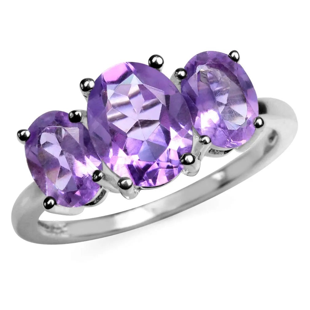 3.17ct African Amethyst 3 Stone Oval Shape 925 Sterling Silver Ring Size 9 - Birthstone Jewelry