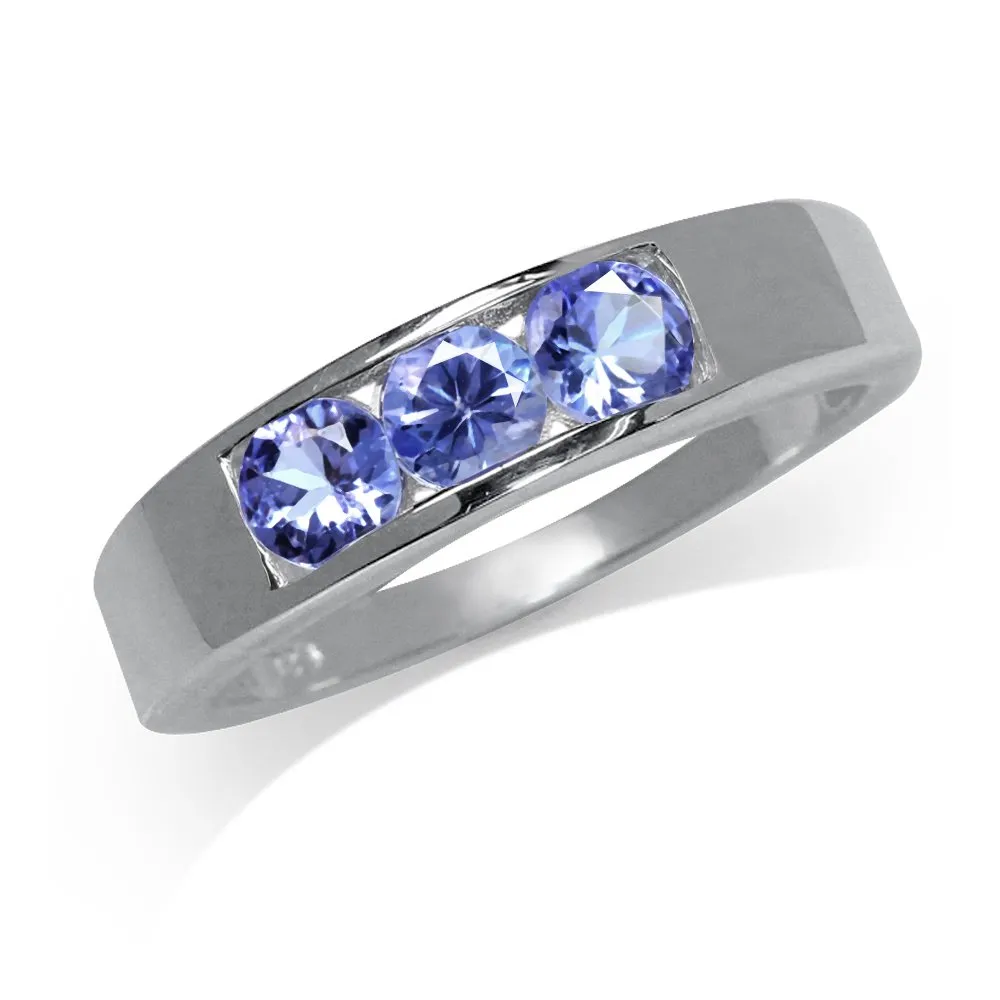 3 Stone 4mm Genuine Round Tanzanite 925 Sterling Silver Band Ring