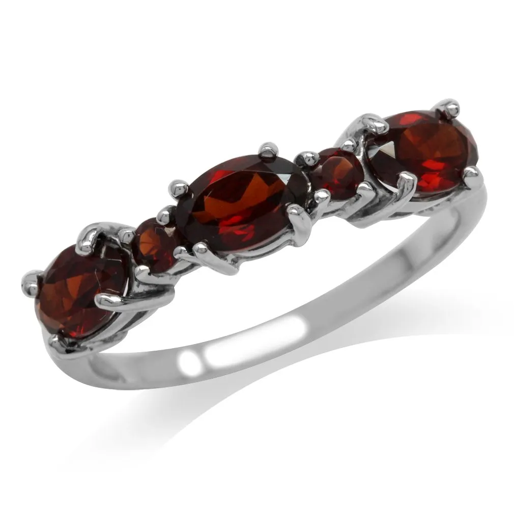 3 Stone White Gold Plated 925 Sterling Silver Ring with Garnet - Size 7.5 - Perfect for Special Occasions