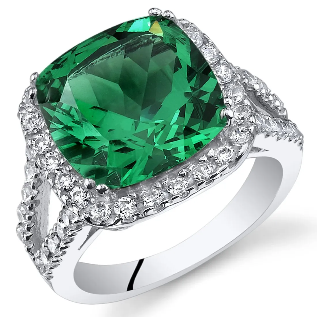 6.50 Carats Simulated Emerald Ring, 925 Sterling Silver, Cushion Cut, Sizes 5 to 9, Gift-Ready