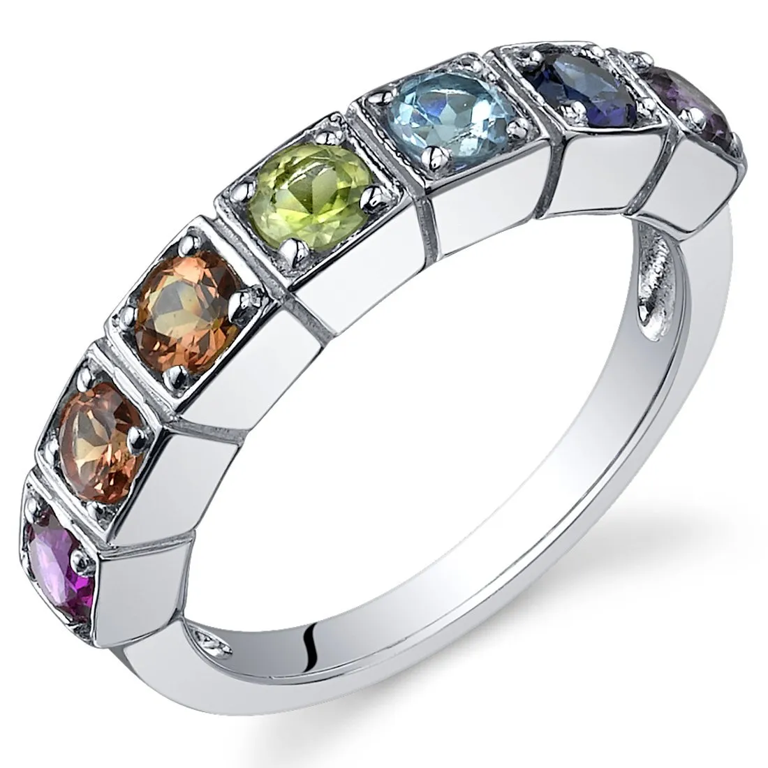 7 Stone Rainbow Half Eternity Ring Band in 925 Sterling Silver with Genuine and Created Gemstones