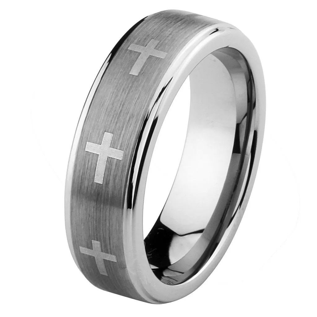 7mm Brushed Cross Tungsten Comfort-Fit Wedding Band Ring