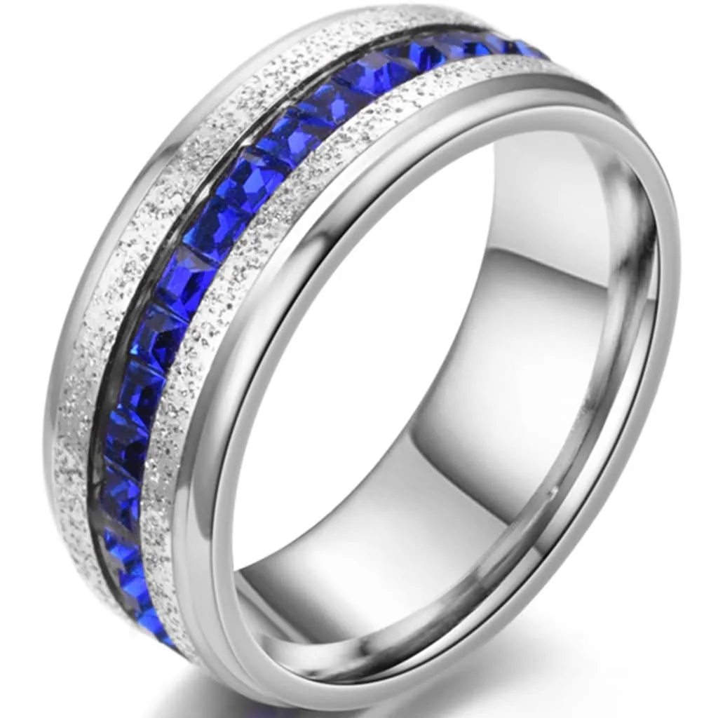 8mm Blue Princess Cut Stainless Steel Eternity Wedding Band Ring by Jude Jewelers