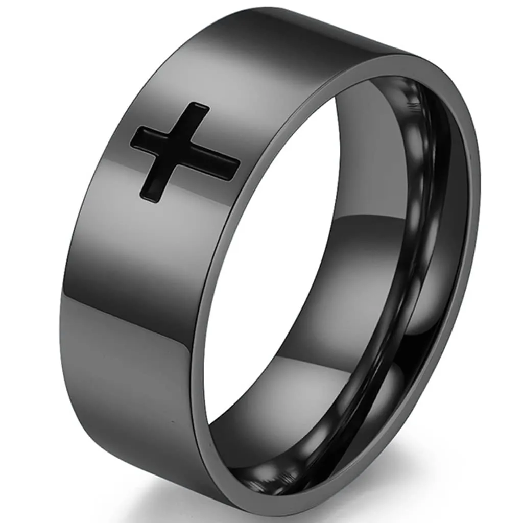 8mm Stainless Steel Simple Plain Christian Cross Wedding Band Ring - Hypoallergenic & Rust-Free