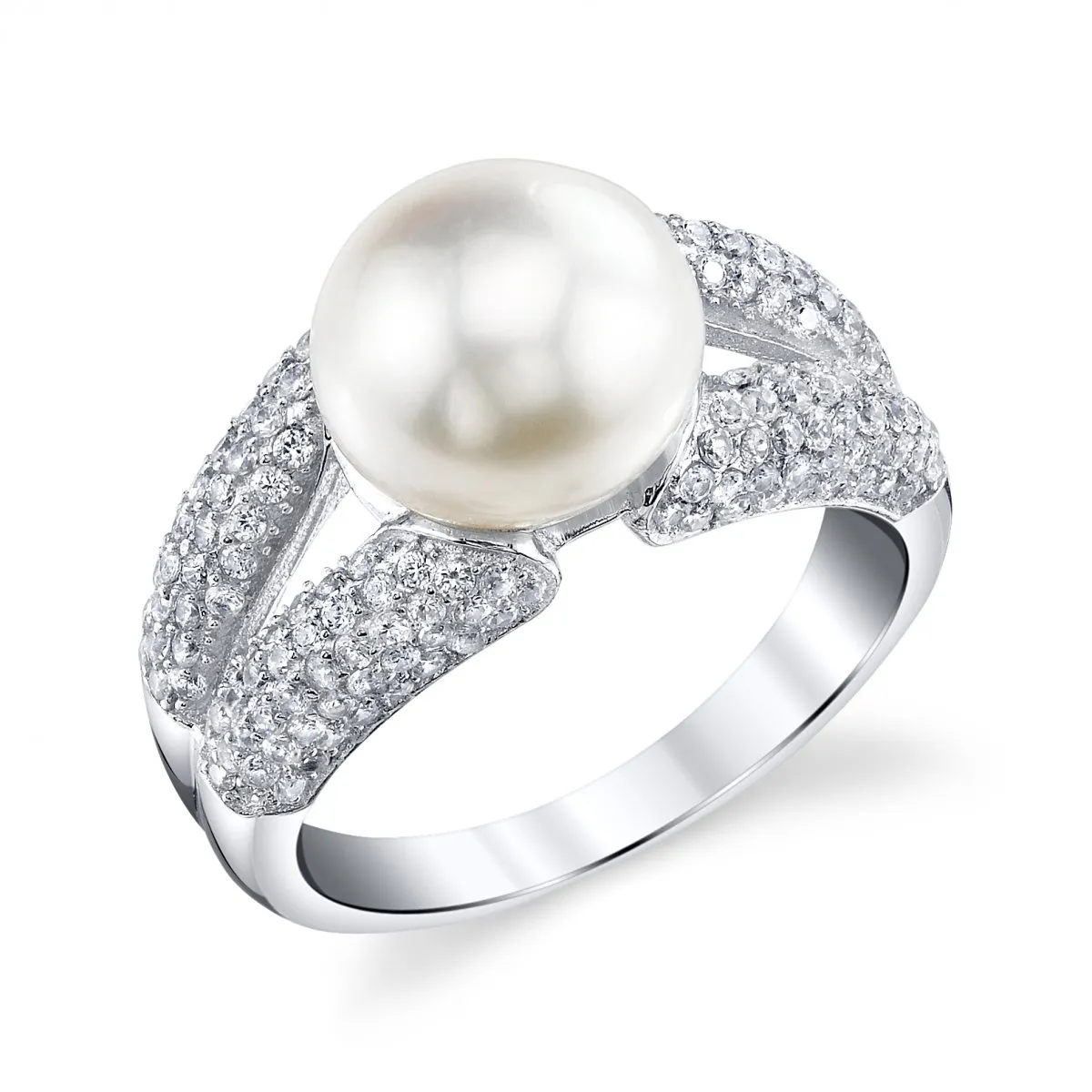 9-10mm Genuine White Freshwater Cultured Pearl & Cubic Zirconia Rainbow Ring for Women