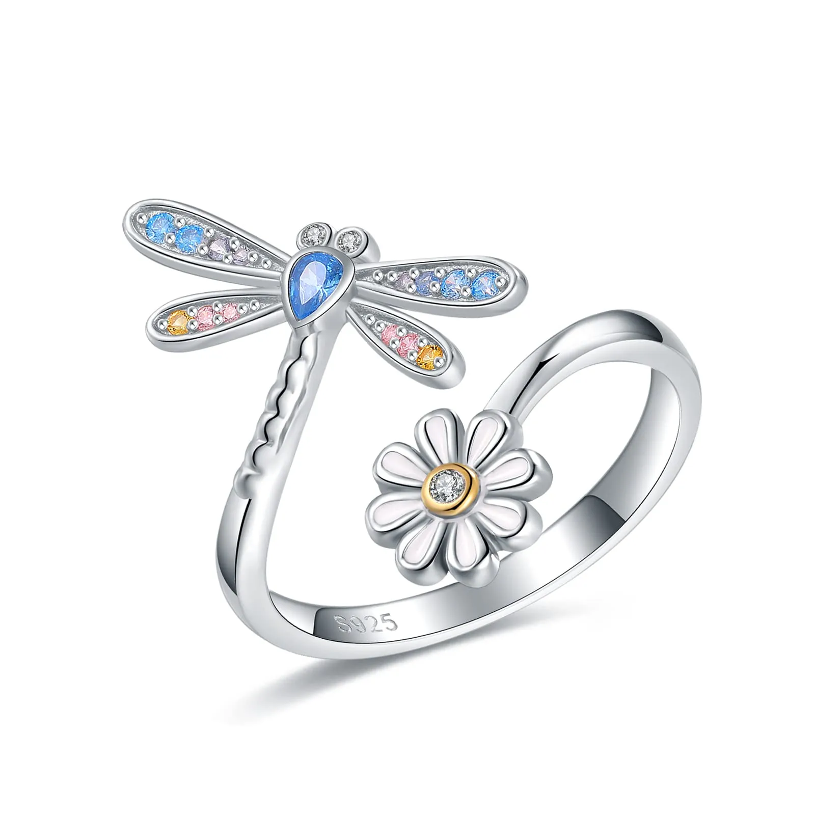 925-Sterling-Silver Adjustable Dragonfly Daisy Ring for Women - Cute Insect Jewelry Gift