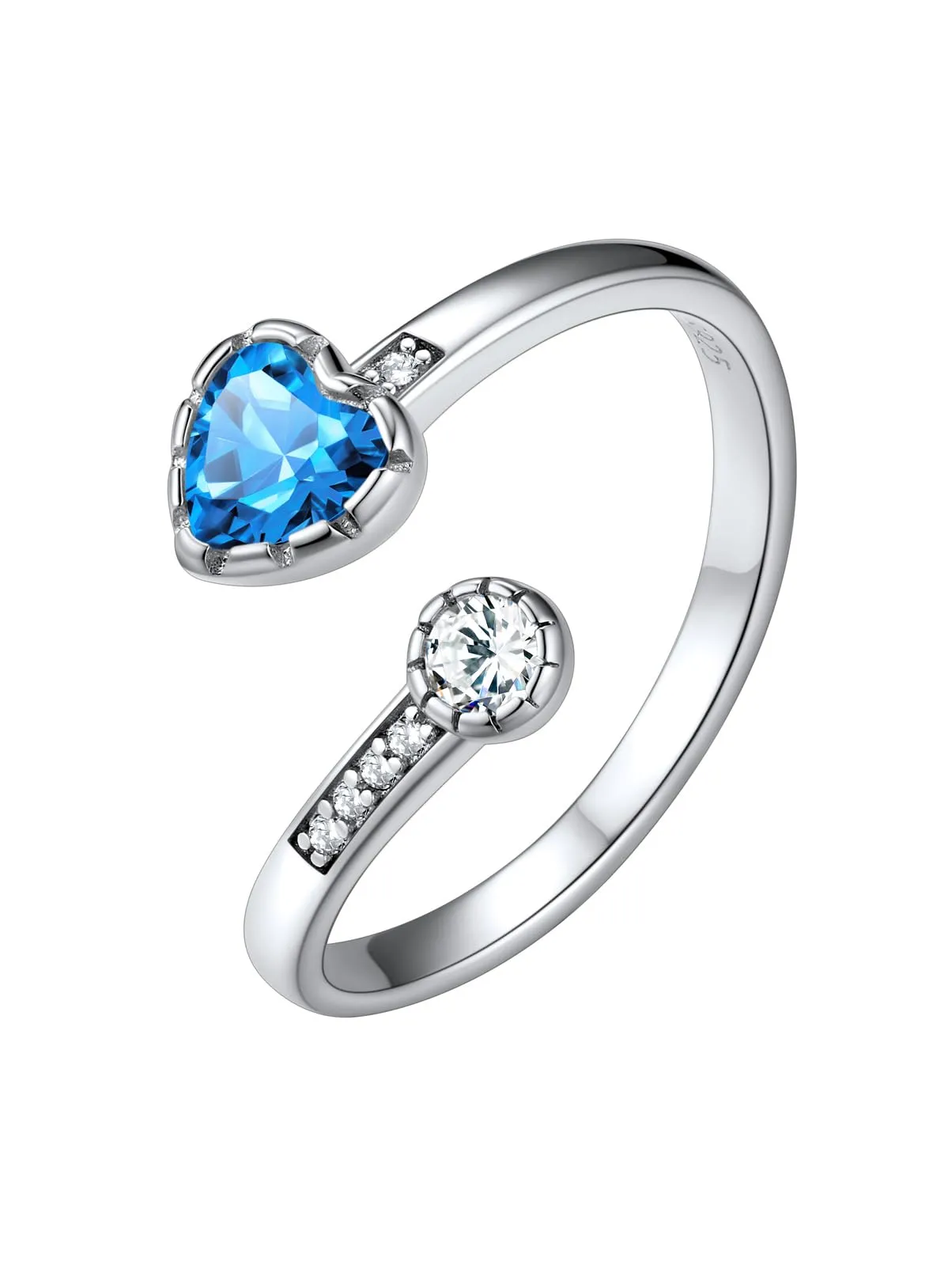 925 Sterling Silver Adjustable December Birthstone Ring with Heart Shaped Gemstone & CZ