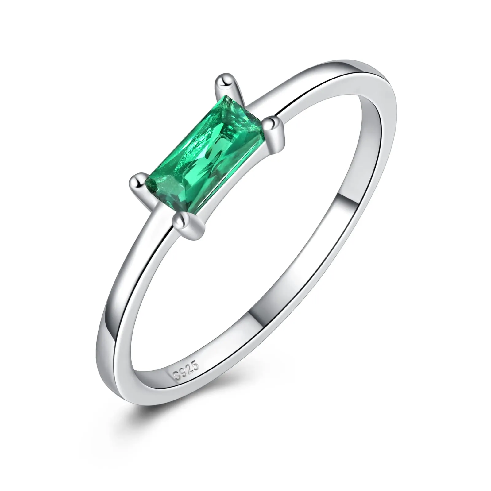 925 Sterling Silver Adjustable Inspirational Ring with Green Emerald Baguette for Women