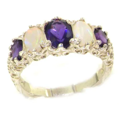 925 Sterling Silver Amethyst & Opal Women's Band Ring, Sizes 4-12, Deluxe Presentation Box