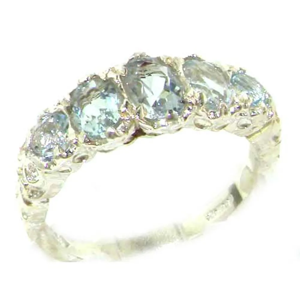 925 Sterling Silver Aquamarine Women's Band Ring with Antique Setting & Hallmark