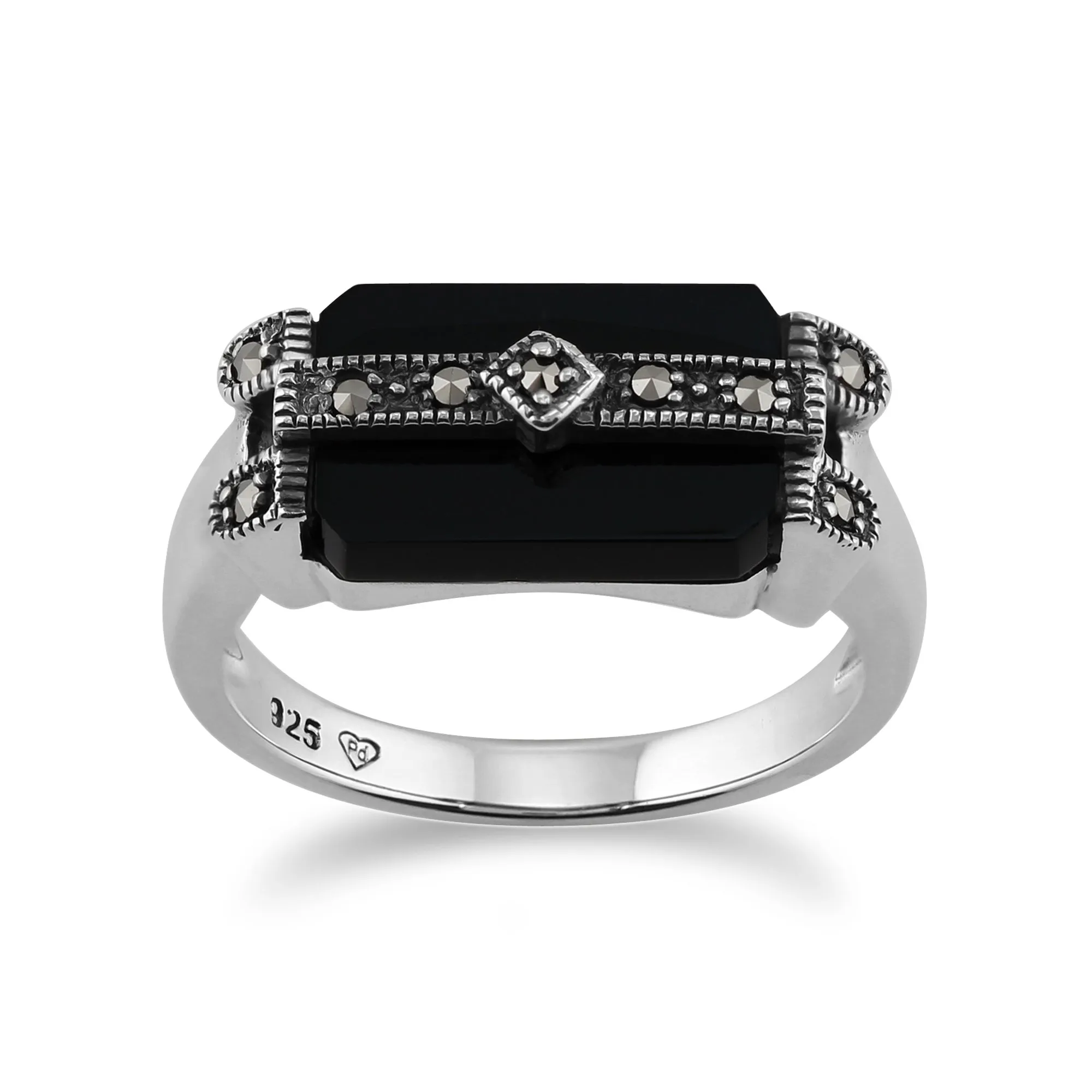 925 Sterling Silver Art Deco Ring with Black Onyx & Marcasite - Gemondo, Size: Adjustable