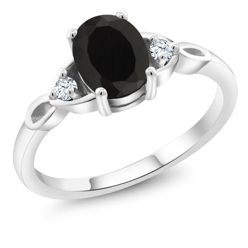 925 Sterling Silver Black Onyx 3 Stone Ring For Women - 1.31 Cttw - Oval 8X6MM - Sizes 5-9