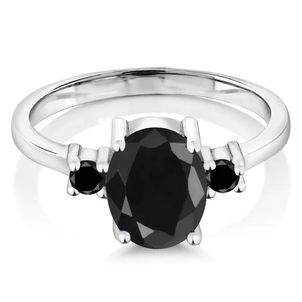 925 Sterling Silver Black Sapphire & Diamond 3-Stone Ring, 2.67 Cttw, 9x7mm Center Stone