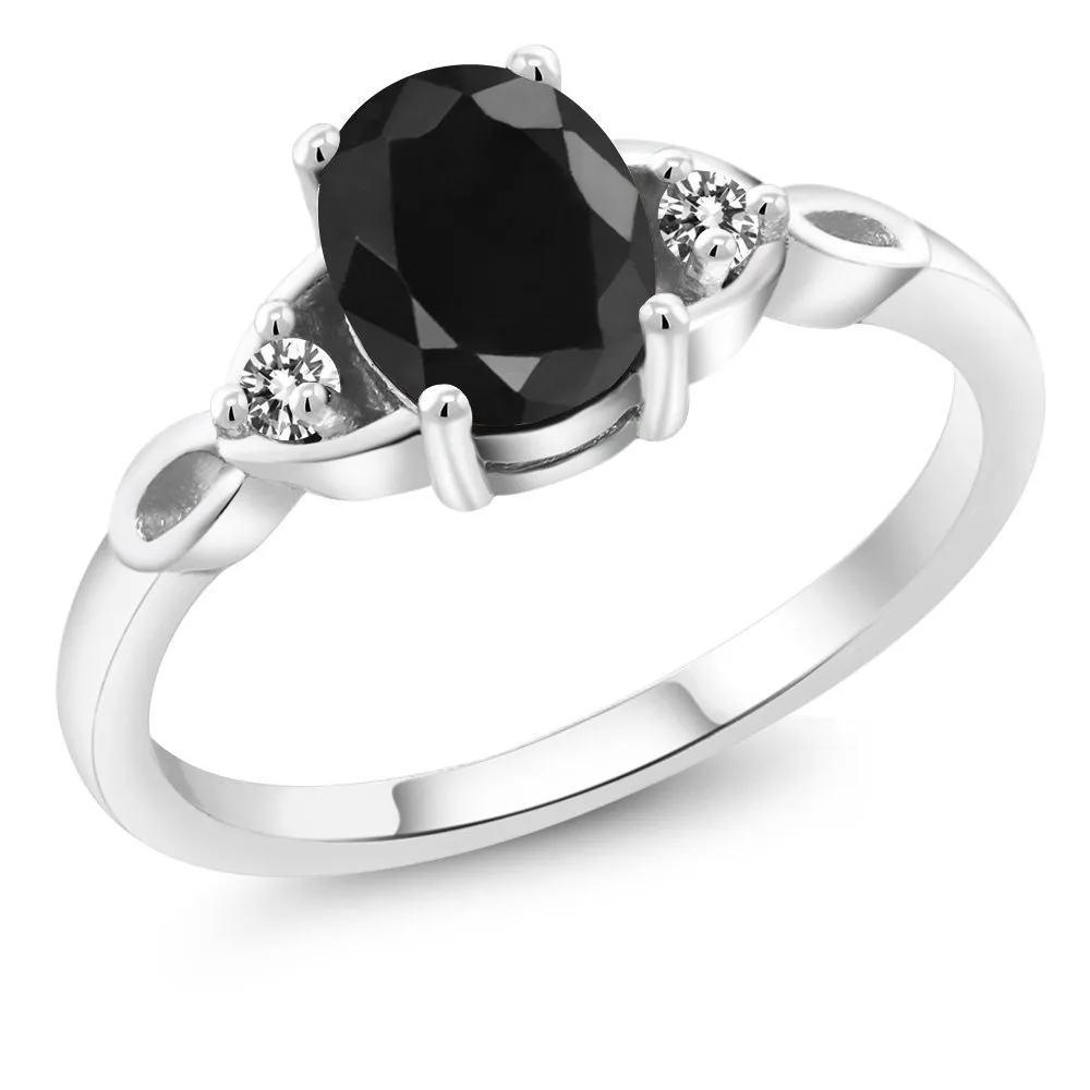 925 Sterling Silver Black Sapphire & White Diamond 3-Stone Ring