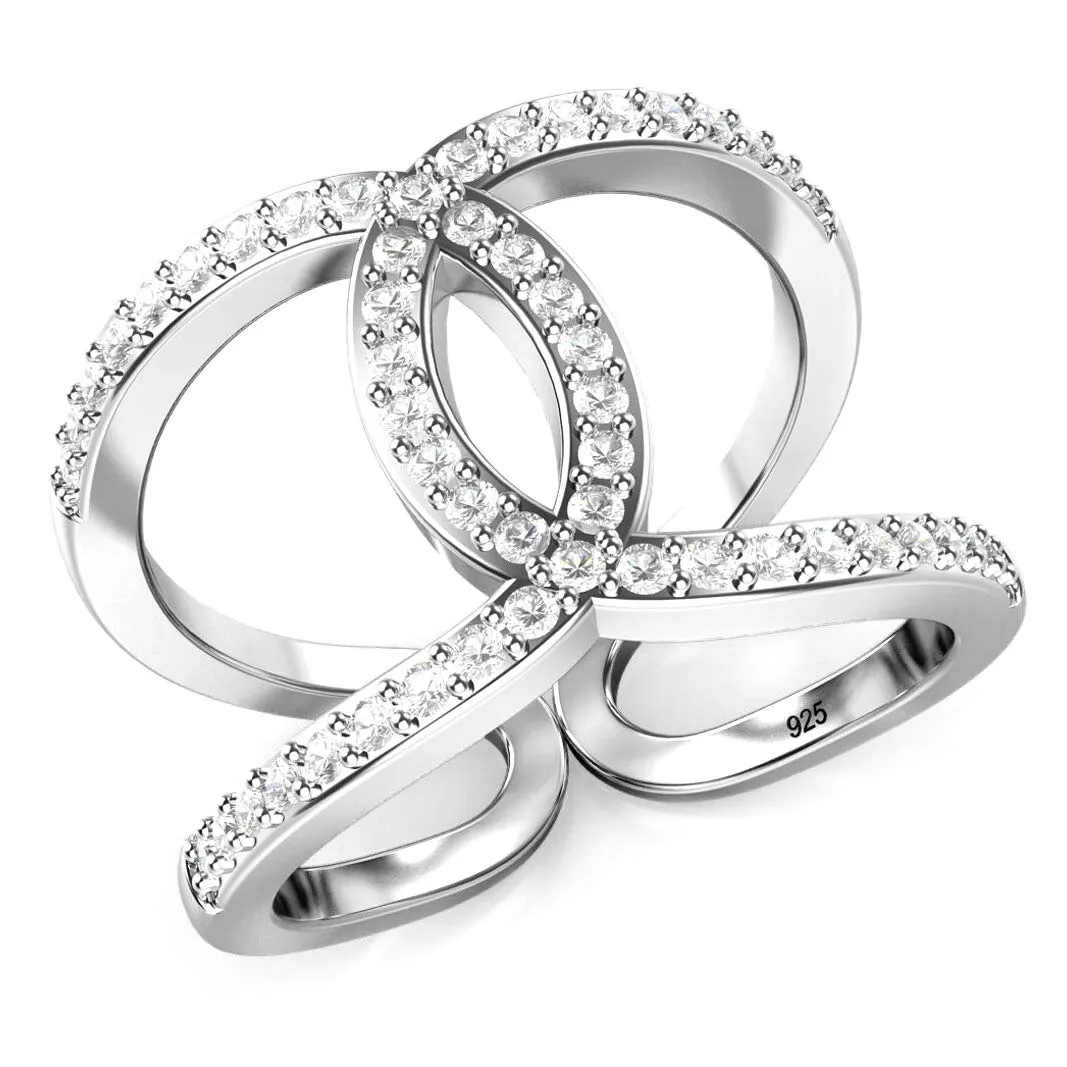 925 Sterling Silver Cubic Zirconia CZ Band Ring with Overlapping Horseshoes