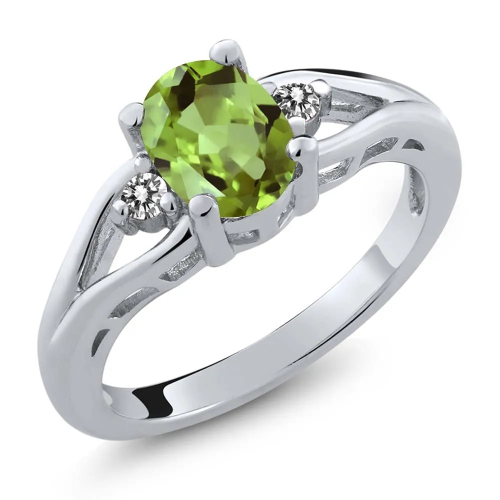 925 Sterling Silver Green Peridot & White Diamond 3 Stone Engagement Ring for Women - Size 5 to 9