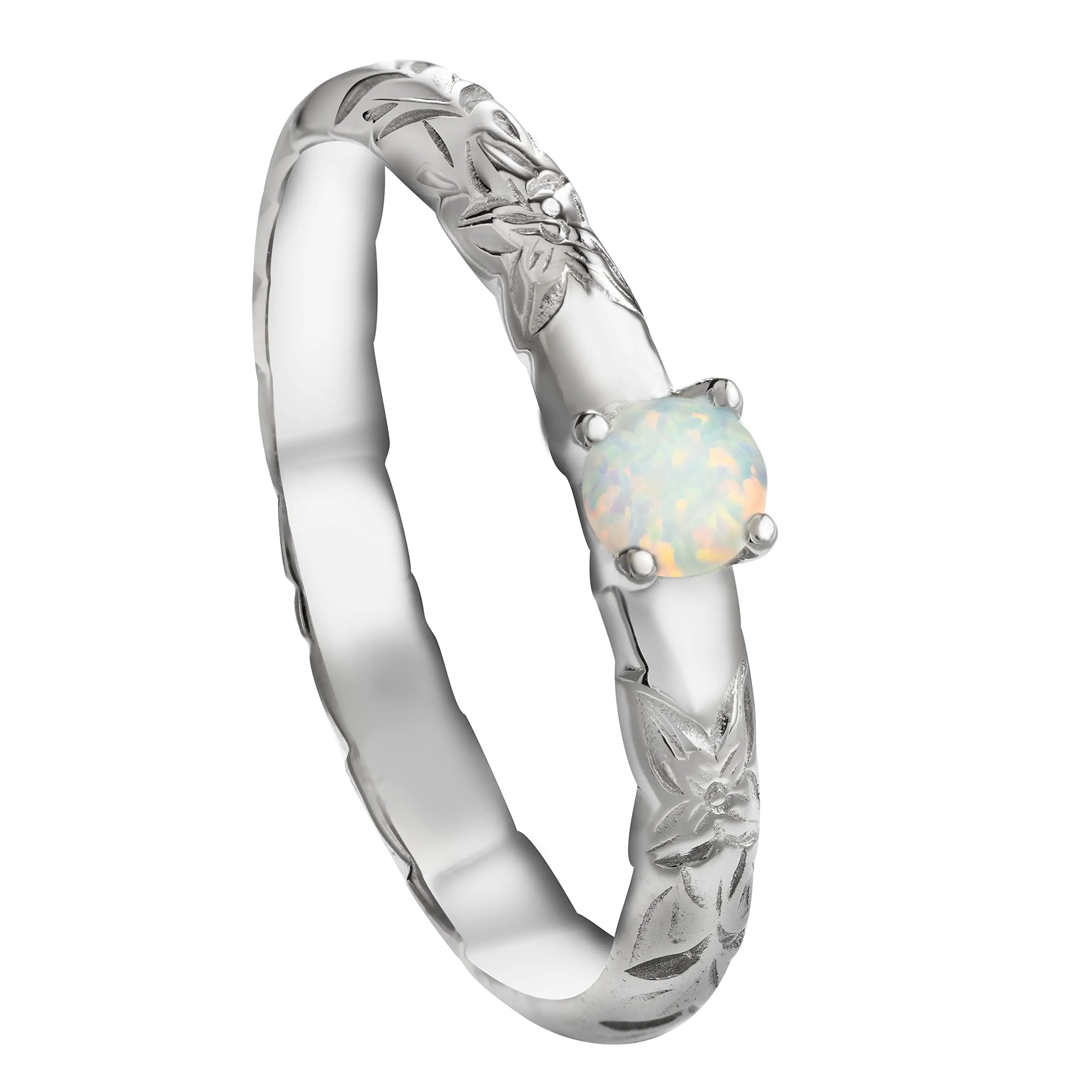 925 Sterling Silver Hawaiian Plumeria Flower Scroll Ring with Topaz, Opal & Moissanite Diamond